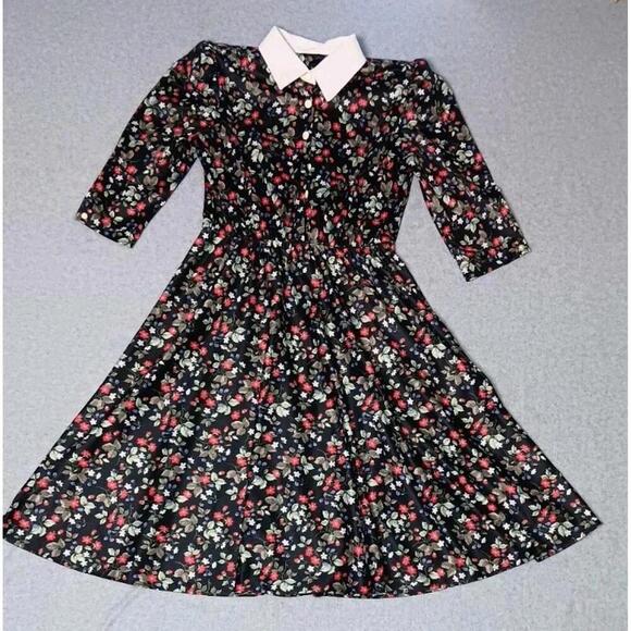 Dresses & Skirts - Homemade Grandmacore 3/4 Sleeve Midi Dress Womens Size Small Black Flowers...